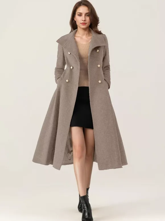 Woolen Flared Coat For Woman Stand Collar Dark Navy Vintage Double-breasted Winter Midi Outerwear 2026