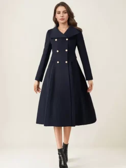 Woolen Flared Coat For Woman Stand Collar Dark Navy Vintage Double-breasted Winter Midi Outerwear 2026
