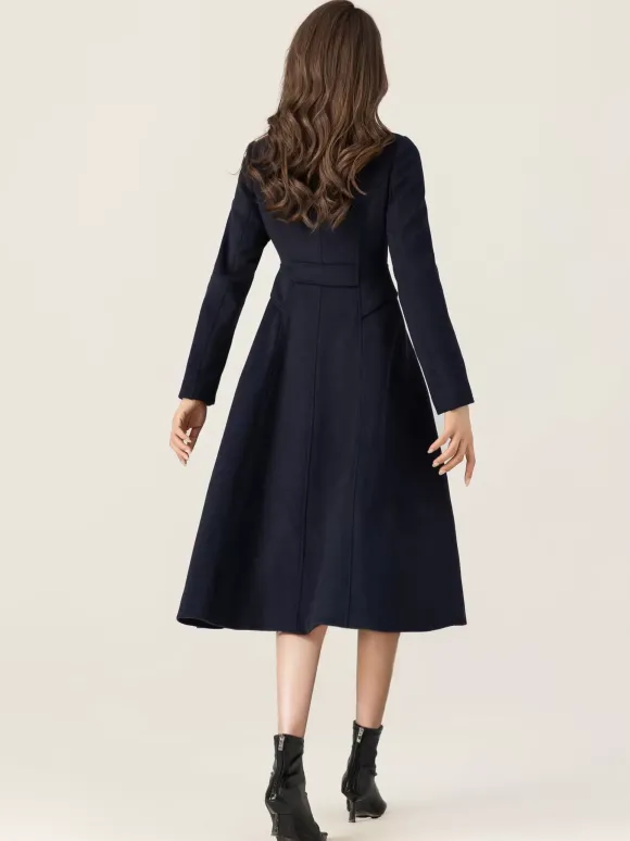 Woolen Flared Coat For Woman Stand Collar Dark Navy Vintage Double-breasted Winter Midi Outerwear 2026