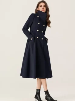 Woolen Flared Coat For Woman Stand Collar Dark Navy Vintage Double-breasted Winter Midi Outerwear 2026