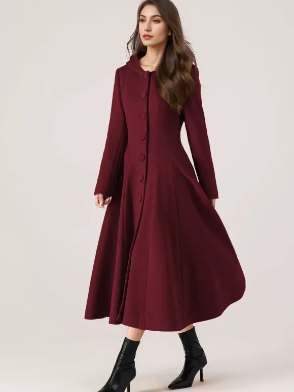 Woolen Flared Coat With Hood For Woman Red A-line Long Winter Outerwear 2026