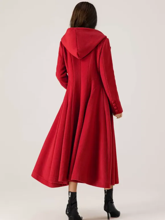 Woolen Flared Coat With Hood For Woman Red A-line Long Winter Outerwear 2026