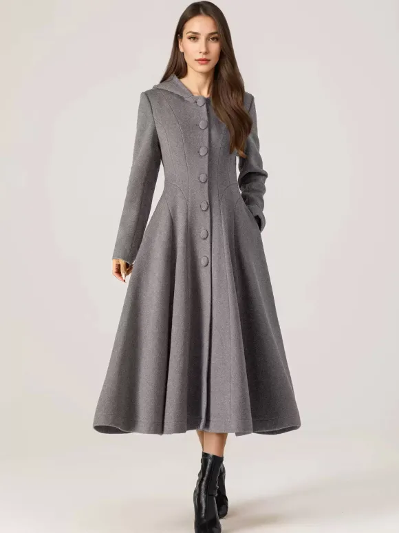 Woolen Flared Coat With Hood For Woman Red A-line Long Winter Outerwear 2026