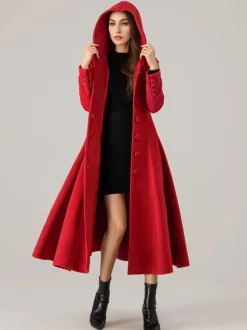 Woolen Flared Coat With Hood For Woman Red A-line Long Winter Outerwear 2026