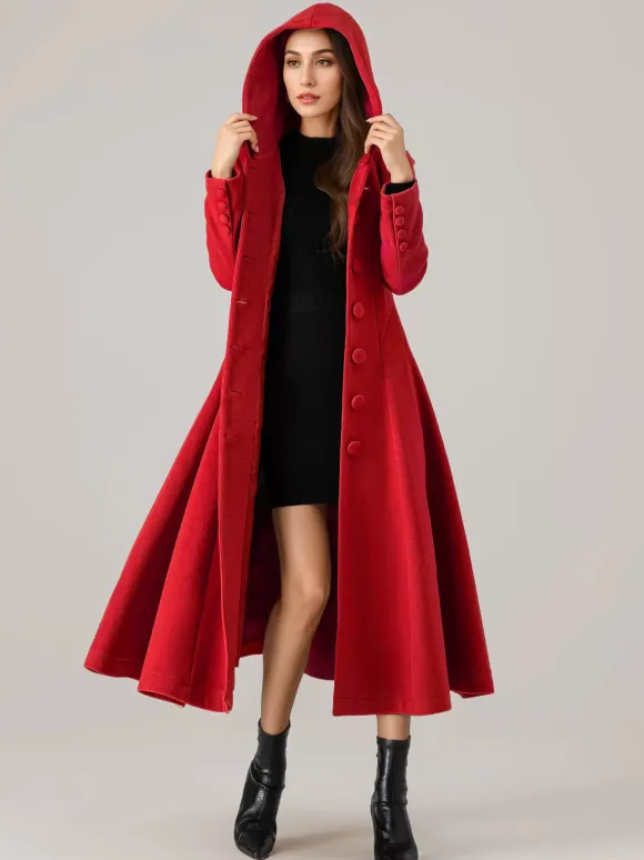 Woolen Flared Coat With Hood For Woman Red A-line Long Winter Outerwear 2026