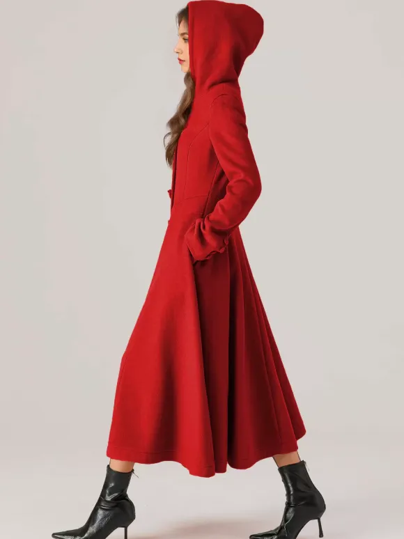 Woolen Flared Coat With Hood For Woman Red A-line Long Winter Outerwear 2026