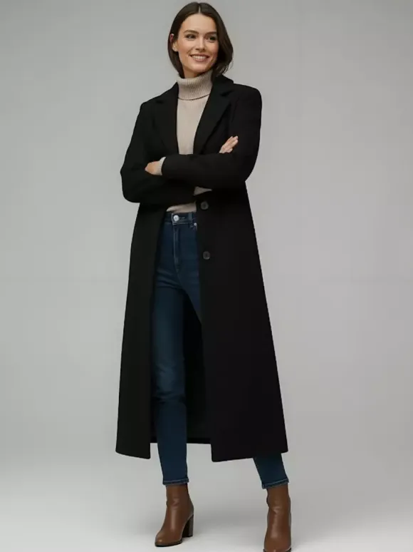 Woolen Long Straight Coat With Single-Breasted And Classic Notch Lapel For Women 2026