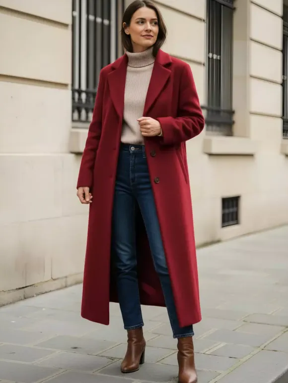 Woolen Long Straight Coat With Single-Breasted And Classic Notch Lapel For Women 2026
