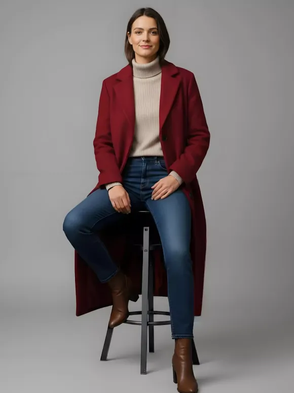 Woolen Long Straight Coat With Single-Breasted And Classic Notch Lapel For Women 2026