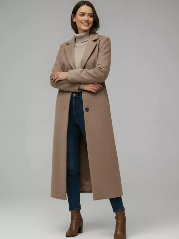 Woolen Long Straight Coat With Single-Breasted And Classic Notch Lapel For Women 2026
