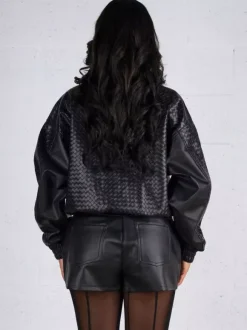 Woven Pattern Faux Leather Bomber For Women - Textured Zip Up Cropped Jacket - Spring Biker Streetwear 2026