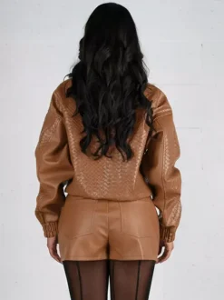 Woven Pattern Faux Leather Bomber For Women - Textured Zip Up Cropped Jacket - Spring Biker Streetwear 2026