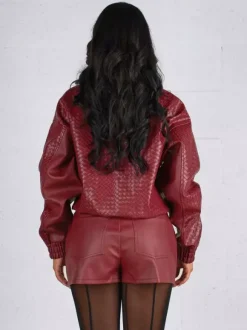 Woven Pattern Faux Leather Bomber For Women - Textured Zip Up Cropped Jacket - Spring Biker Streetwear 2026