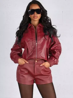 Woven Pattern Faux Leather Bomber For Women - Textured Zip Up Cropped Jacket - Spring Biker Streetwear 2026