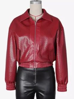 Woven Pattern Faux Leather Bomber For Women - Textured Zip Up Cropped Jacket - Spring Biker Streetwear 2026