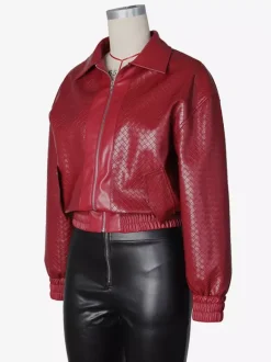 Woven Pattern Faux Leather Bomber For Women - Textured Zip Up Cropped Jacket - Spring Biker Streetwear 2026