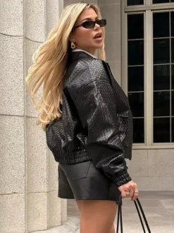 Woven Pattern Faux Leather Bomber For Women - Textured Zip Up Cropped Jacket - Spring Biker Streetwear 2026