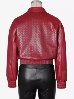 Woven Pattern Faux Leather Bomber For Women - Textured Zip Up Cropped Jacket - Spring Biker Streetwear 2026
