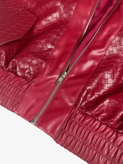 Woven Pattern Faux Leather Bomber For Women - Textured Zip Up Cropped Jacket - Spring Biker Streetwear 2026