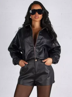 Woven Pattern Faux Leather Bomber For Women - Textured Zip Up Cropped Jacket - Spring Biker Streetwear 2026