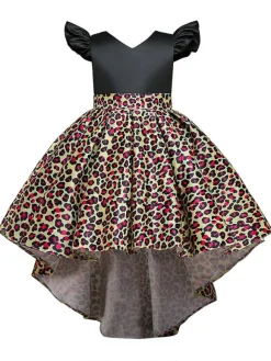 Yellow Flower Girl Dresses With Train V Neck Sleeveless Leopard Print Kids Party Dresses