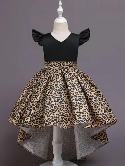 Yellow Flower Girl Dresses With Train V Neck Sleeveless Leopard Print Kids Party Dresses