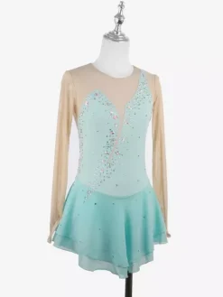 Yellow Women Girl Skating Dress Nuded Long Sleeves Rhinetone Ice Skater Dress