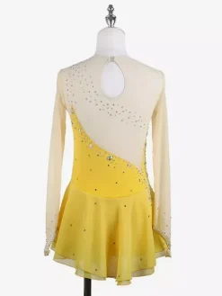 Yellow Women Girl Skating Dress Nuded Long Sleeves Rhinetone Ice Skater Dress