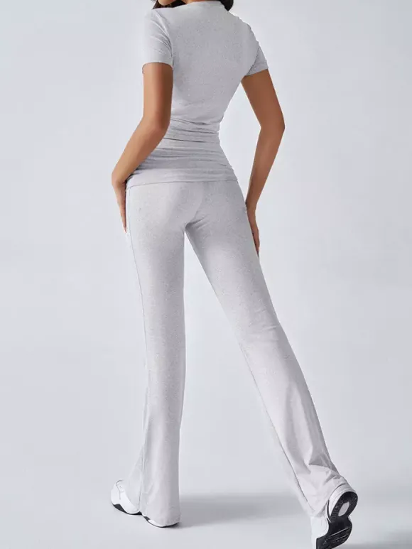 Yoga Sets Two Piece Outfits For Women - Slim Fit Short Sleeve Crop Top And Flared Pants - Summer Activewear Lounge 2026