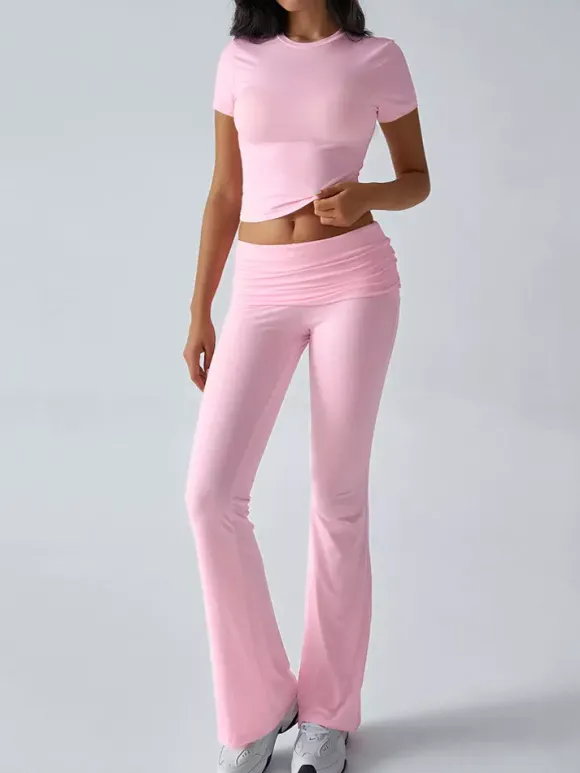 Yoga Sets Two Piece Outfits For Women - Slim Fit Short Sleeve Crop Top And Flared Pants - Summer Activewear Lounge 2026