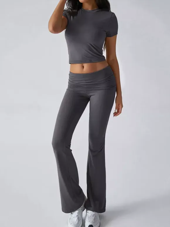 Yoga Sets Two Piece Outfits For Women - Slim Fit Short Sleeve Crop Top And Flared Pants - Summer Activewear Lounge 2026