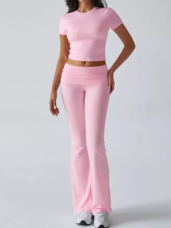 Yoga Sets Two Piece Outfits For Women - Slim Fit Short Sleeve Crop Top And Flared Pants - Summer Activewear Lounge 2026